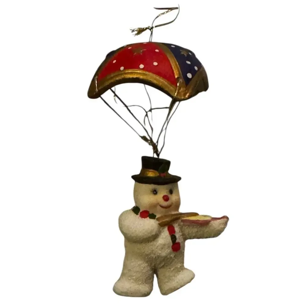 Vintage Parachute Snowman Ornament Violin Player Red Blue‎ Gold Christmas Decor